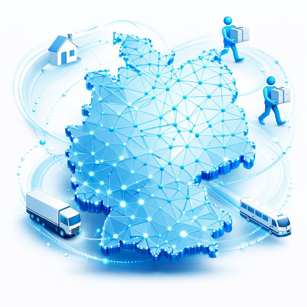 Deutschlandkarte mit vernetzten Städten, Umzugswagen und Umzugshelfern für deutschlandweite Umzüge